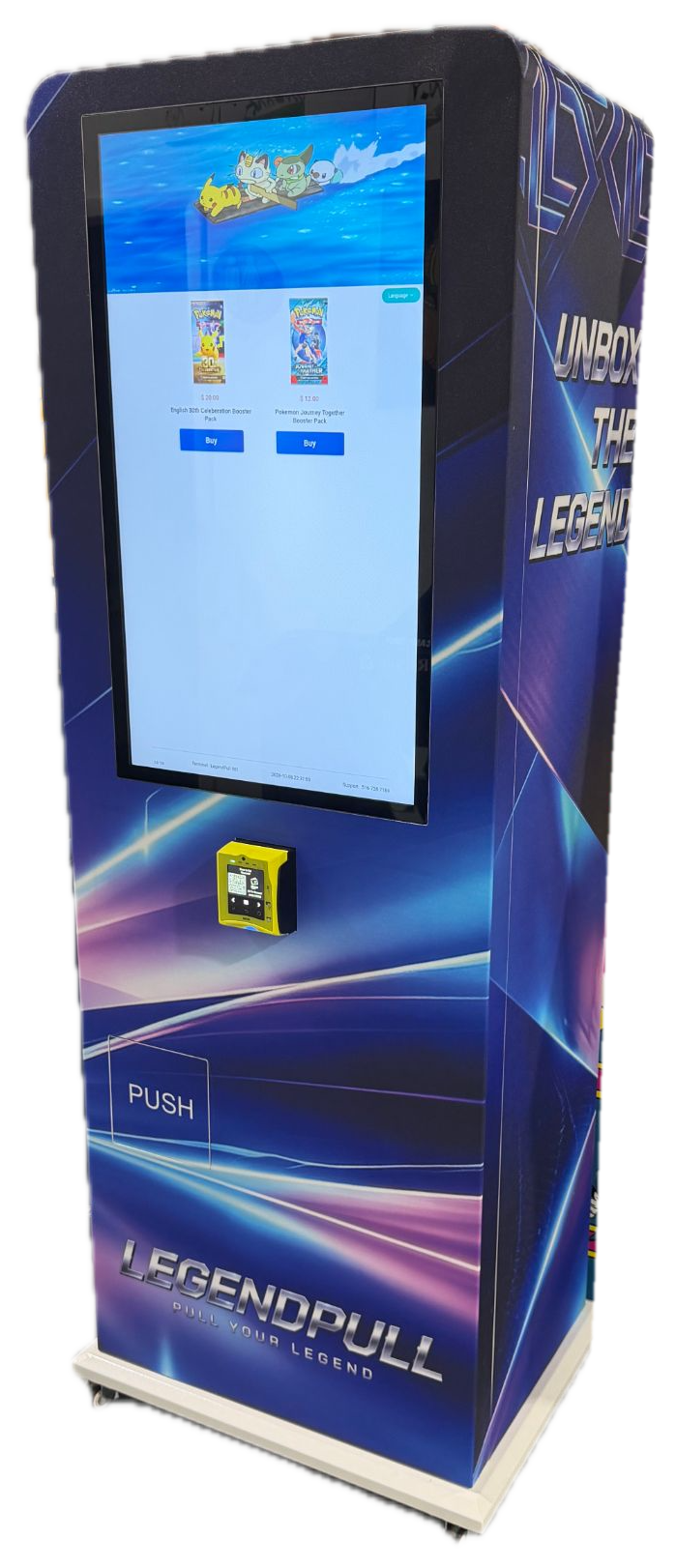 Legend Pull trading card vending machine with a tall touchscreen, tap-to-pay reader, and a push-door pickup