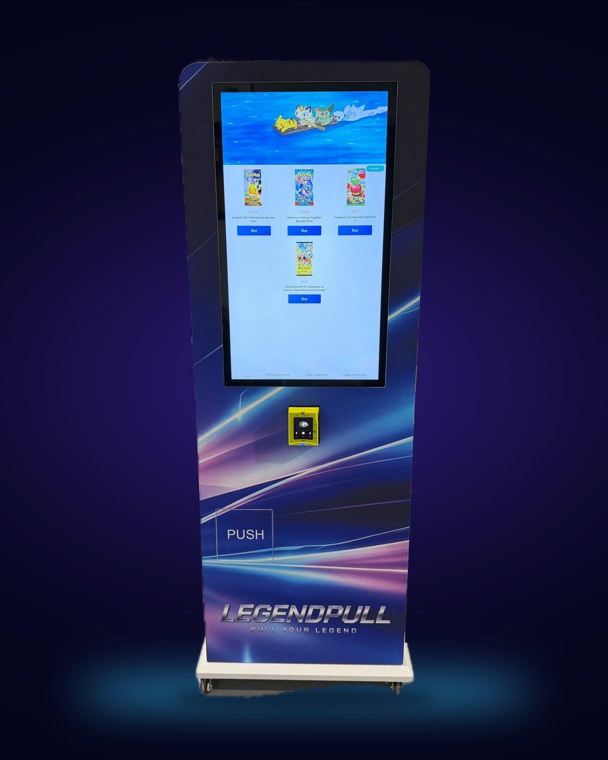 Machine 001 seen straight on, with the touchscreen showing the pack lineup