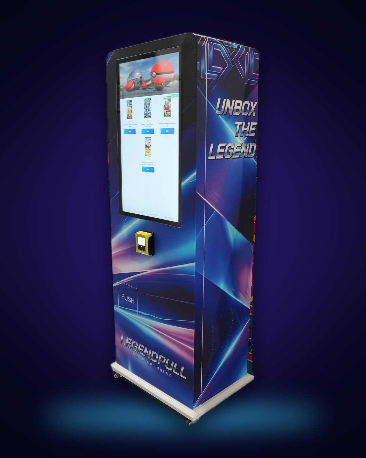 Machine 001 from the front corner, showing the side panel wrap reading Unbox the Legend